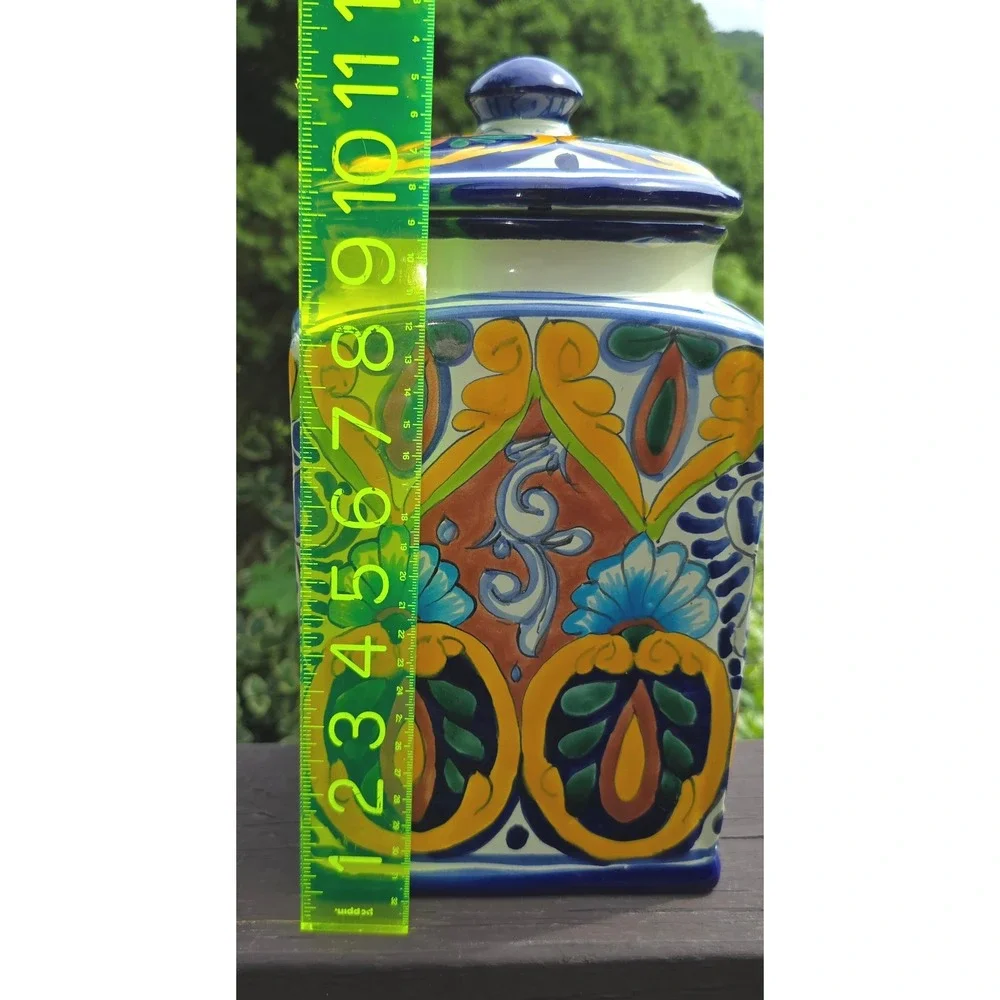 Vintage La Maceta Mexican Talavera Canister Jar with Lid Hand Painted Pottery